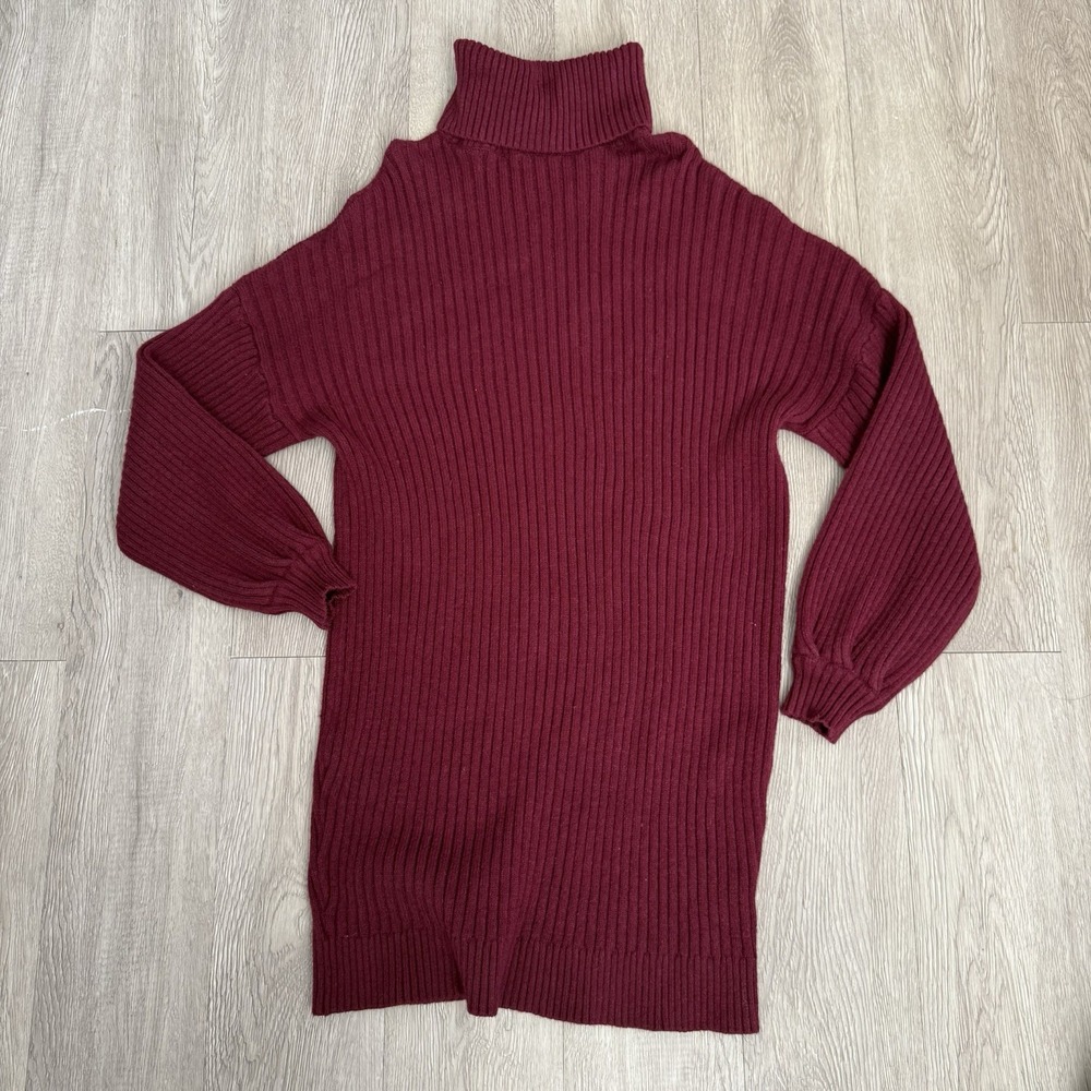 Women's Medium Knit Sweater Dress Long Sleeve Pullover Maroon Turtle Neck